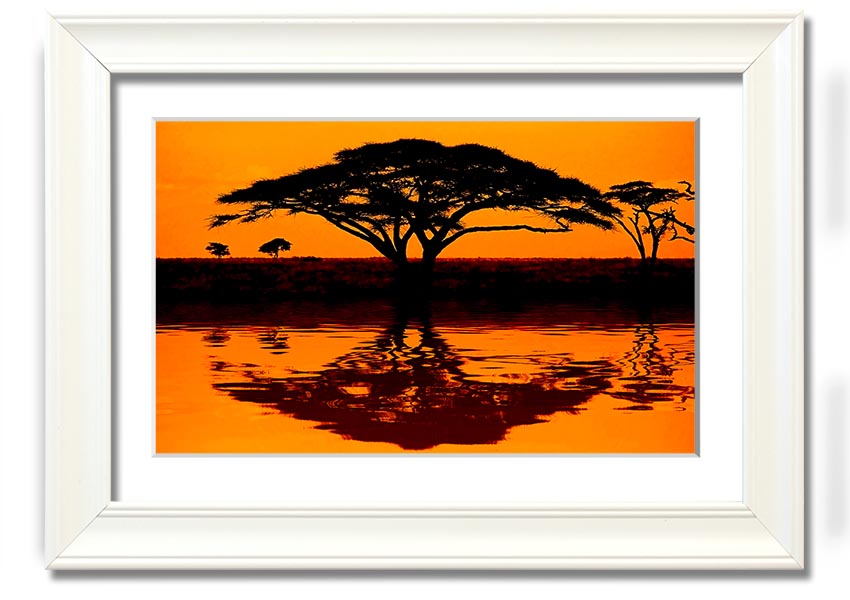 Framed print of an African tree reflection, showcasing vibrant colors and intricate details, ready to hang.