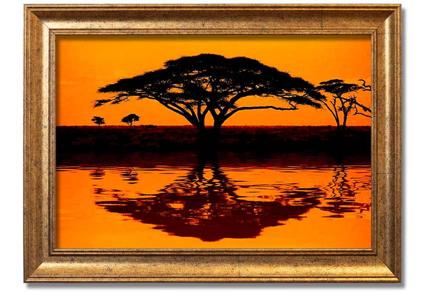 Framed print of an African tree reflection, showcasing vibrant colors and intricate details, ready to hang.