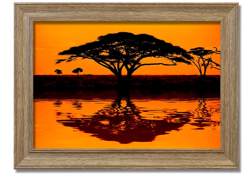 Framed print of an African tree reflection, showcasing vibrant colors and intricate details, ready to hang.