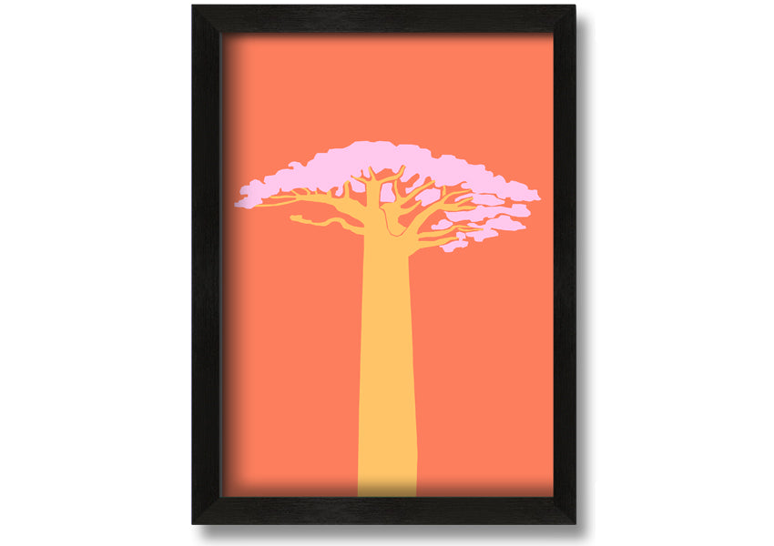 A beautifully framed print of an African tree, showcasing intricate details and vibrant colors, ready to hang on a wall.