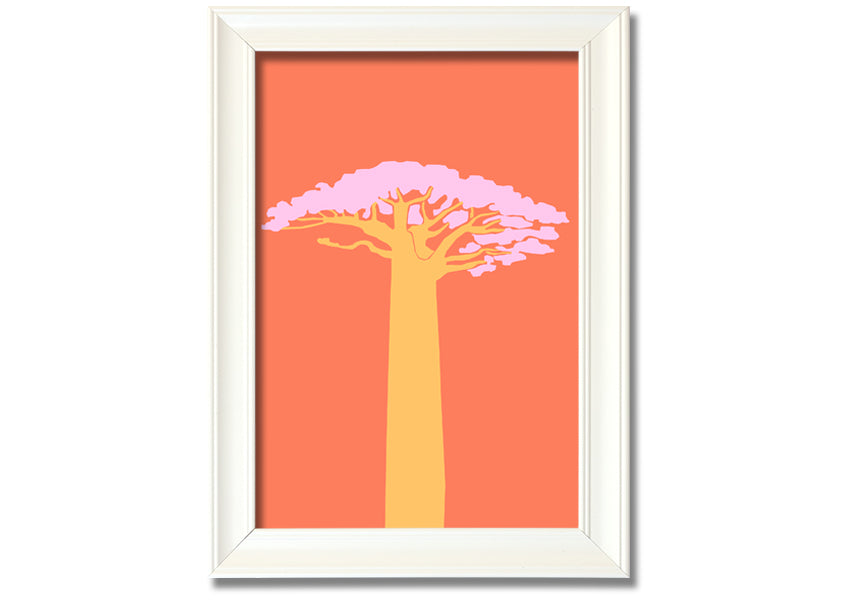 A beautifully framed print of an African tree, showcasing intricate details and vibrant colors, ready to hang on a wall.