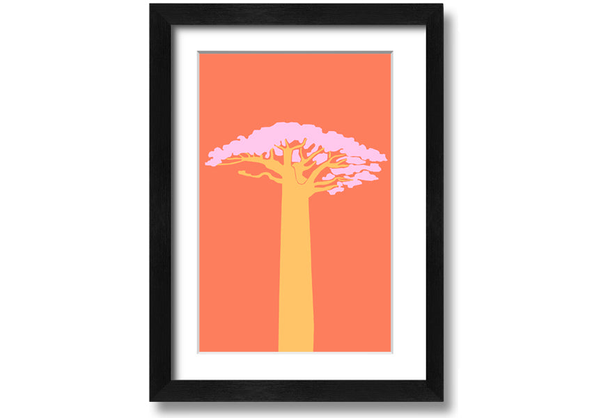 A beautifully framed print of an African tree, showcasing intricate details and vibrant colors, ready to hang on a wall.