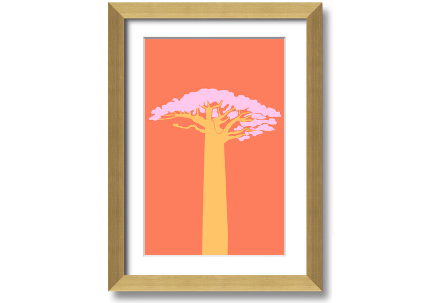 A beautifully framed print of an African tree, showcasing intricate details and vibrant colors, ready to hang on a wall.