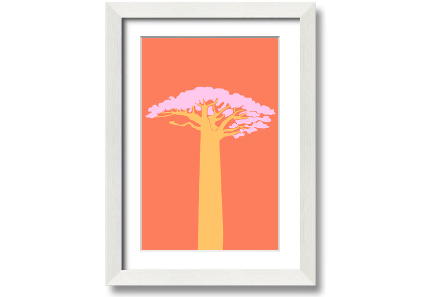 A beautifully framed print of an African tree, showcasing intricate details and vibrant colors, ready to hang on a wall.