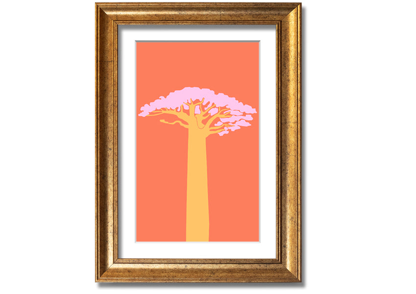 A beautifully framed print of an African tree, showcasing intricate details and vibrant colors, ready to hang on a wall.