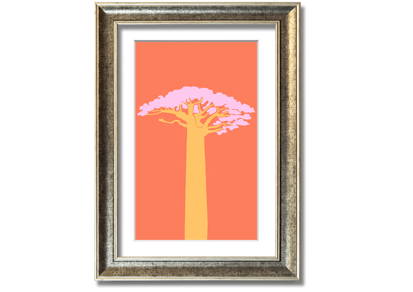 A beautifully framed print of an African tree, showcasing intricate details and vibrant colors, ready to hang on a wall.