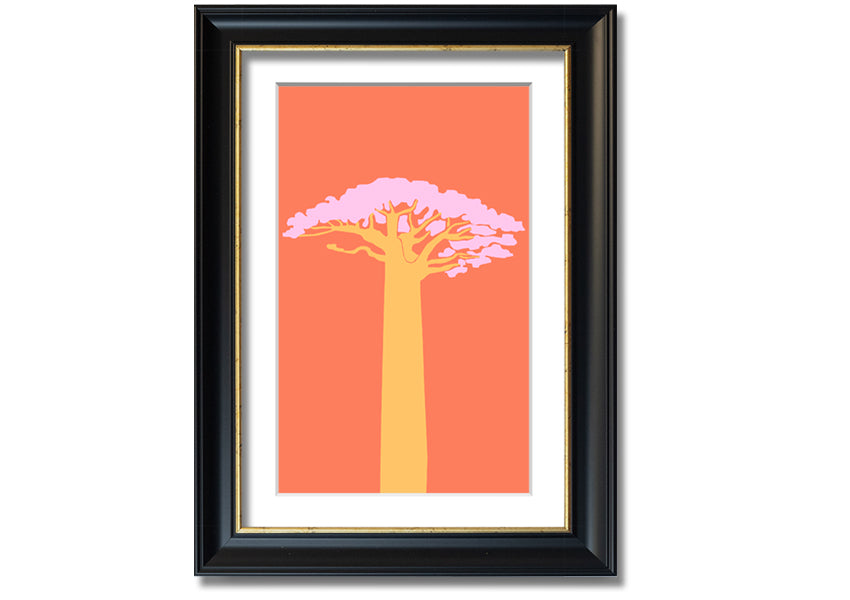 A beautifully framed print of an African tree, showcasing intricate details and vibrant colors, ready to hang on a wall.