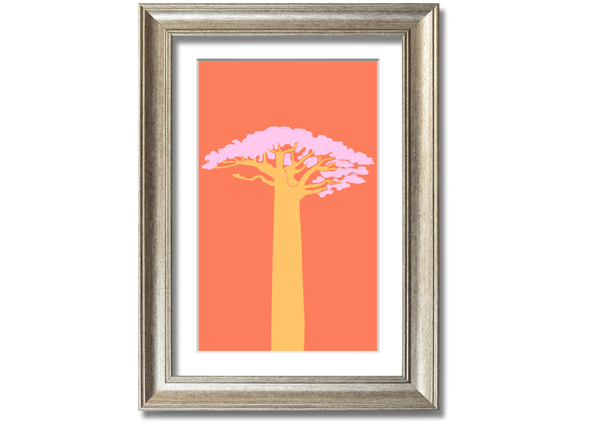 A beautifully framed print of an African tree, showcasing intricate details and vibrant colors, ready to hang on a wall.