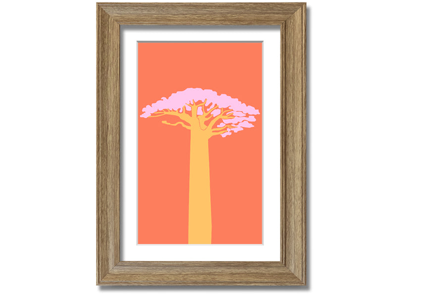 A beautifully framed print of an African tree, showcasing intricate details and vibrant colors, ready to hang on a wall.