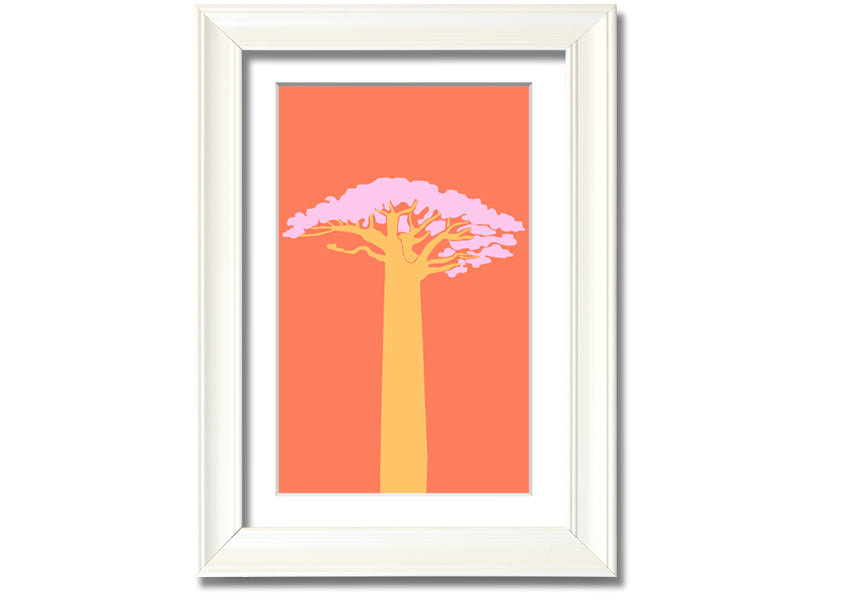 A beautifully framed print of an African tree, showcasing intricate details and vibrant colors, ready to hang on a wall.