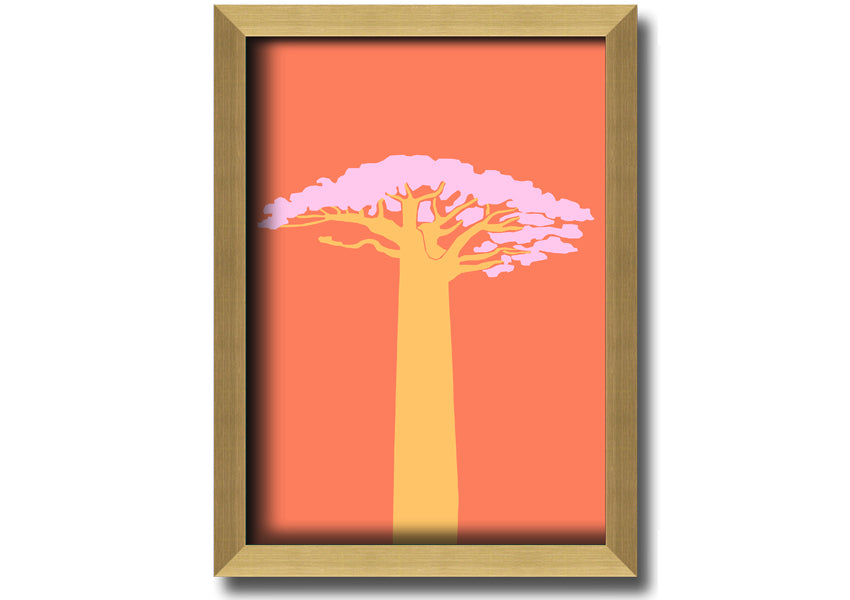 A beautifully framed print of an African tree, showcasing intricate details and vibrant colors, ready to hang on a wall.