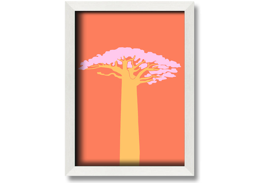 A beautifully framed print of an African tree, showcasing intricate details and vibrant colors, ready to hang on a wall.