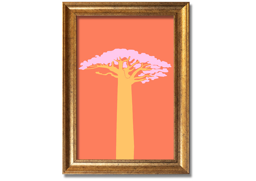 A beautifully framed print of an African tree, showcasing intricate details and vibrant colors, ready to hang on a wall.