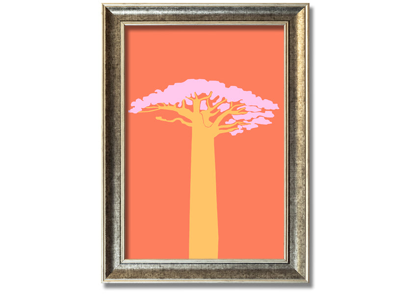 A beautifully framed print of an African tree, showcasing intricate details and vibrant colors, ready to hang on a wall.