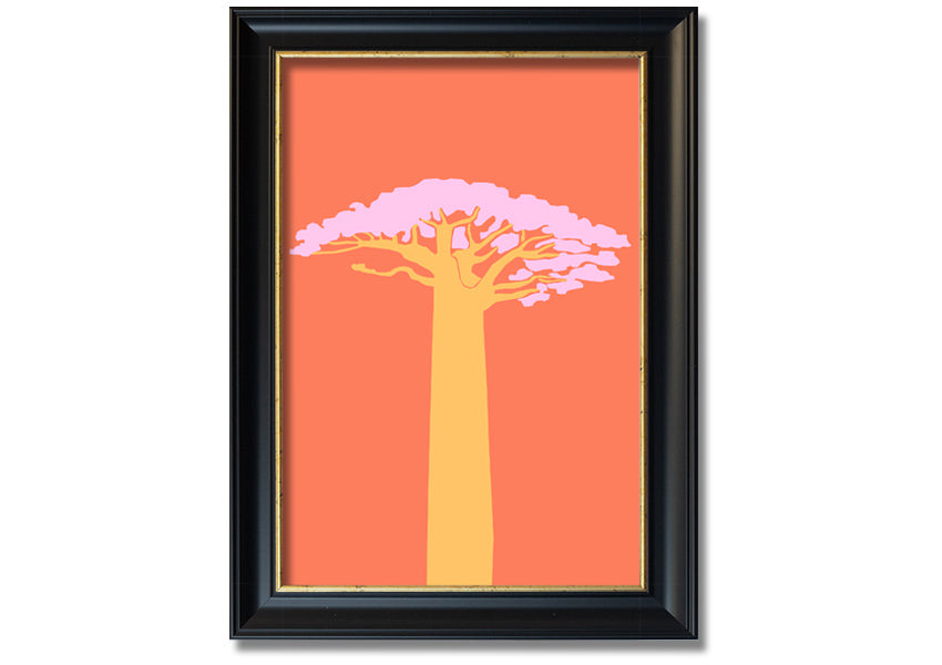 A beautifully framed print of an African tree, showcasing intricate details and vibrant colors, ready to hang on a wall.