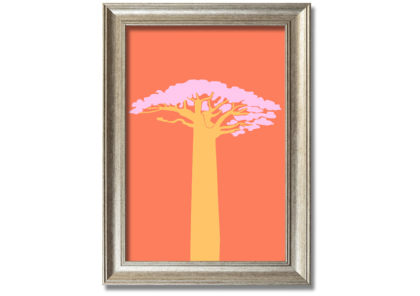 A beautifully framed print of an African tree, showcasing intricate details and vibrant colors, ready to hang on a wall.