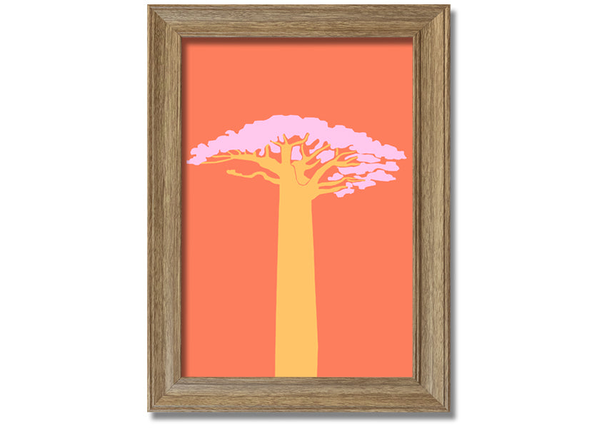 A beautifully framed print of an African tree, showcasing intricate details and vibrant colors, ready to hang on a wall.