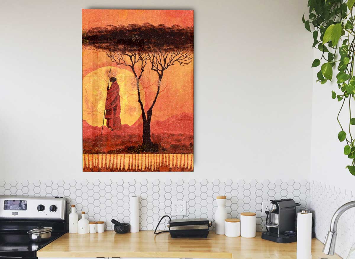 A vibrant glass print featuring intricate African tribal art, showcasing rich colors and modern design.