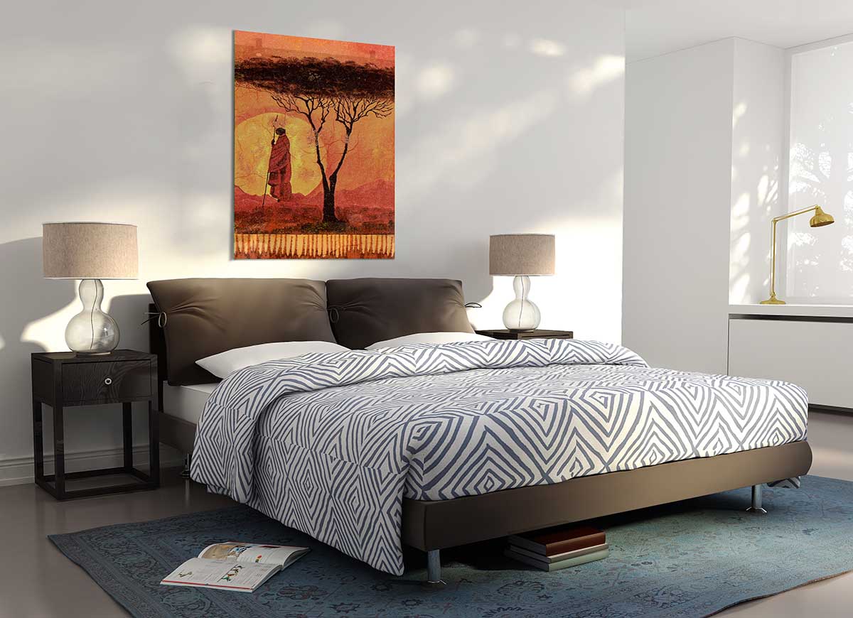 A vibrant glass print featuring intricate African tribal art, showcasing rich colors and modern design.