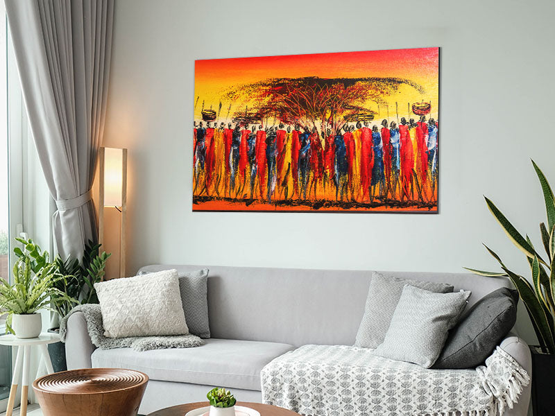 African Tribal Art 15 printed on brushed aluminium dibond, showcasing vibrant colors and intricate tribal designs.