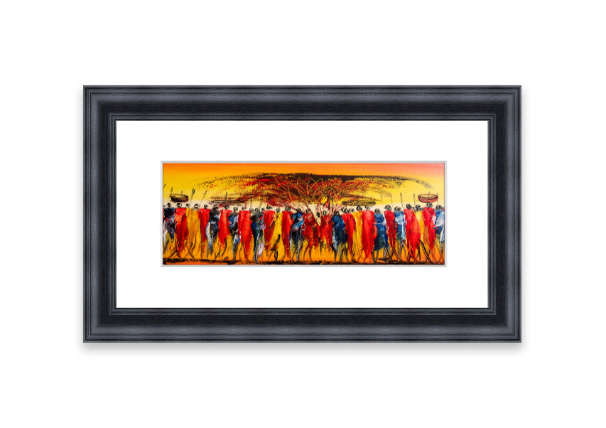 Framed print of African Tribal Art 15, showcasing vibrant tribal patterns and colors, ready to hang.