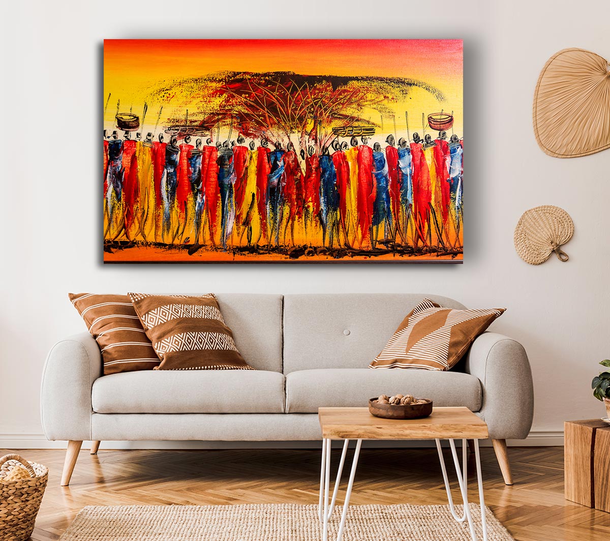 African Tribal Art 15 canvas print mounted on a 44mm box frame, showcasing vibrant tribal designs.