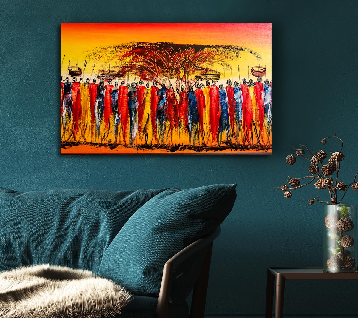 African Tribal Art 15 canvas print mounted on a 44mm box frame, showcasing vibrant tribal designs.