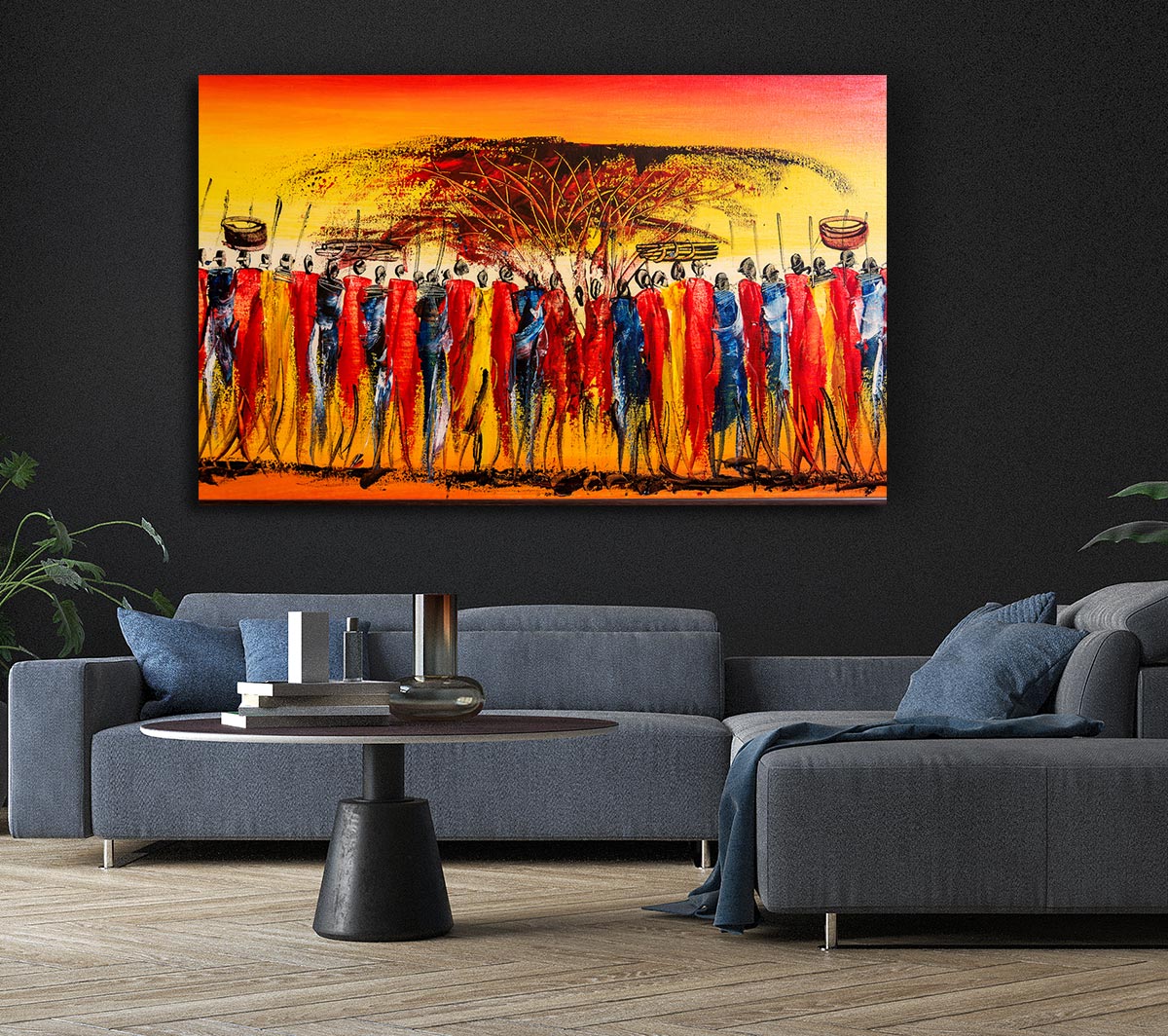 African Tribal Art 15 canvas print mounted on a 44mm box frame, showcasing vibrant tribal designs.