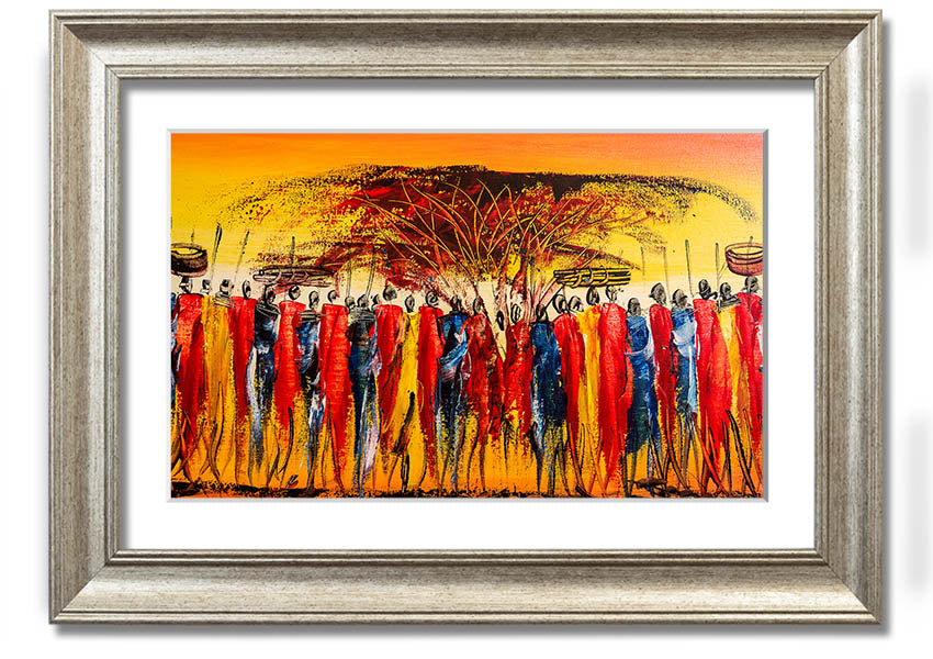 Framed print of African Tribal Art 15 showcasing intricate patterns and vibrant colors, available in various frame colors.