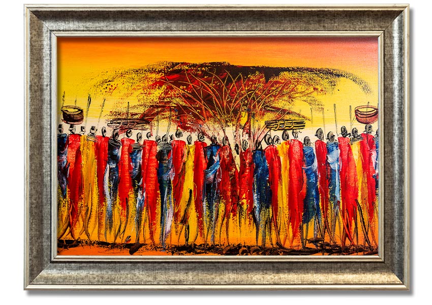 Framed print of African Tribal Art 15 showcasing intricate patterns and vibrant colors, available in various frame colors.