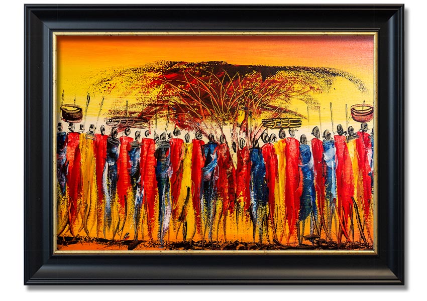 Framed print of African Tribal Art 15 showcasing intricate patterns and vibrant colors, available in various frame colors.