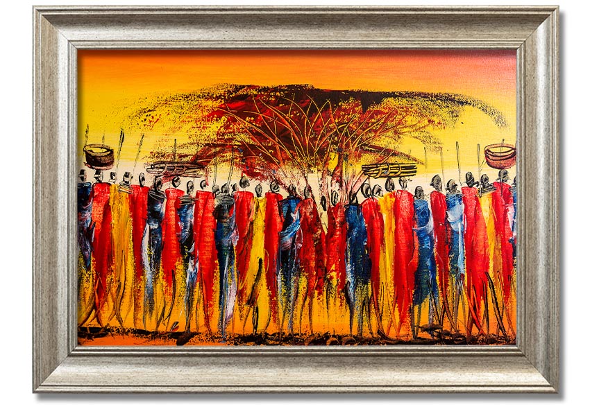 Framed print of African Tribal Art 15 showcasing intricate patterns and vibrant colors, available in various frame colors.