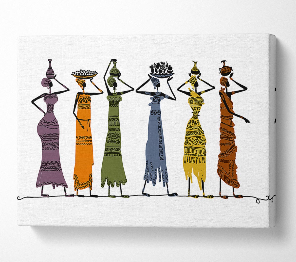 A vibrant canvas artwork featuring African tribal art, mounted on a sturdy 44mm box frame, ready to hang.