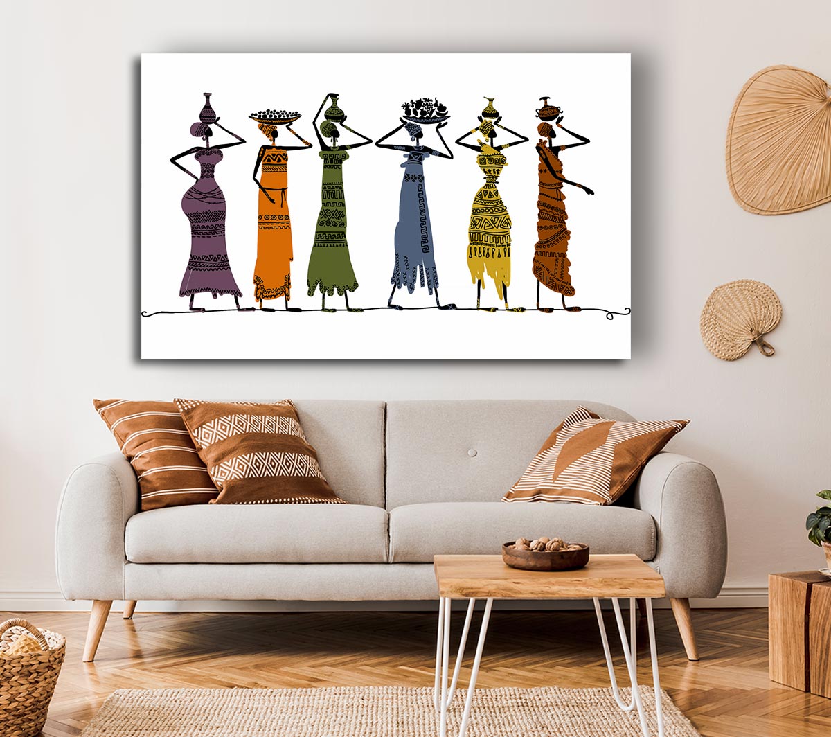 A vibrant canvas artwork featuring African tribal art, mounted on a sturdy 44mm box frame, ready to hang.