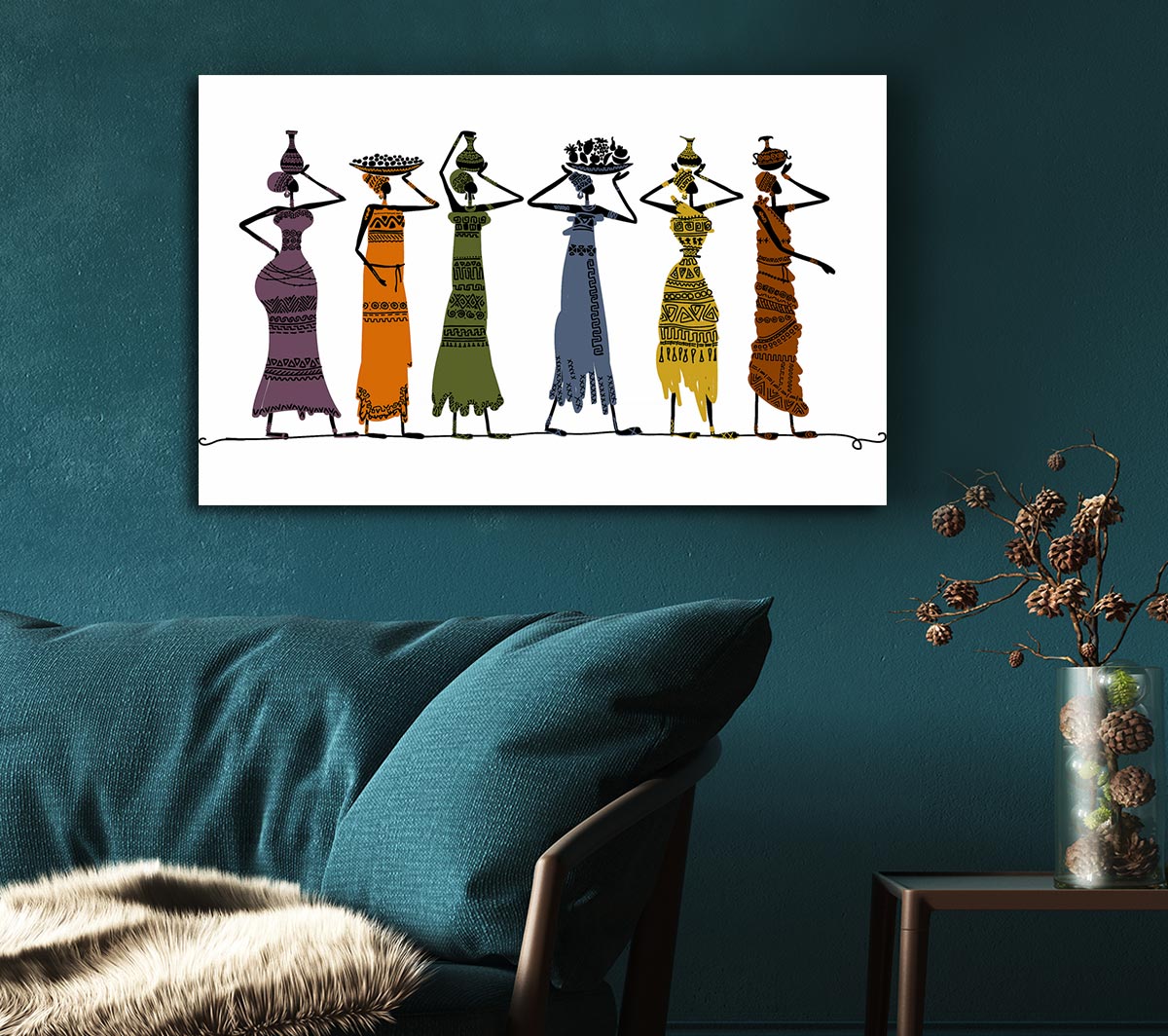 A vibrant canvas artwork featuring African tribal art, mounted on a sturdy 44mm box frame, ready to hang.