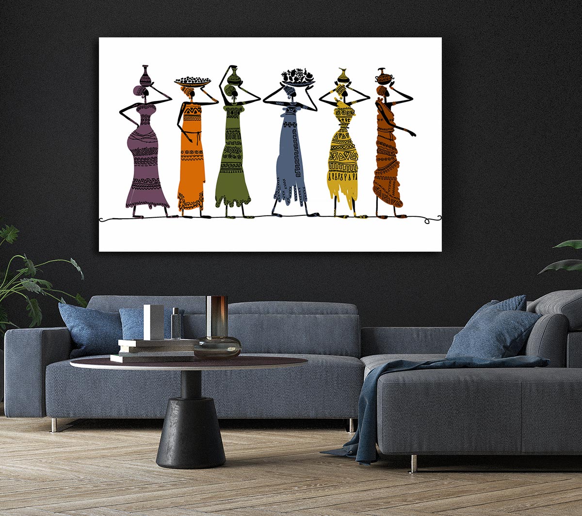 A vibrant canvas artwork featuring African tribal art, mounted on a sturdy 44mm box frame, ready to hang.