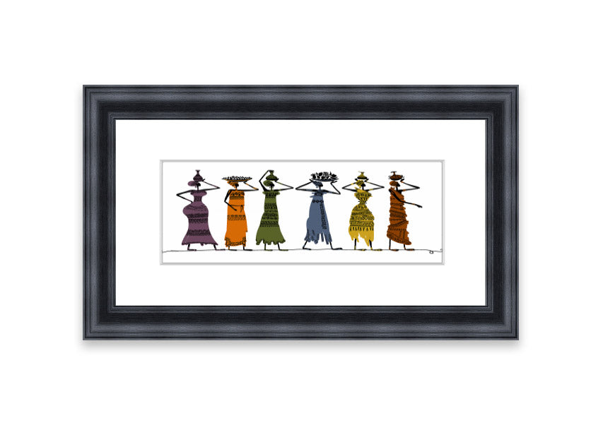 Framed print of African Tribal Art 23 showcasing vibrant tribal designs, available in various frame colors.