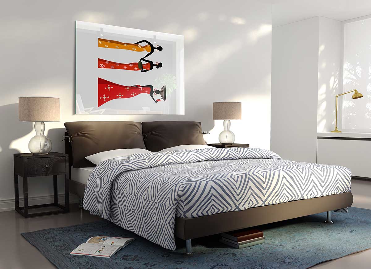 A vibrant glass print featuring intricate African tribal art, showcasing modern design elements.