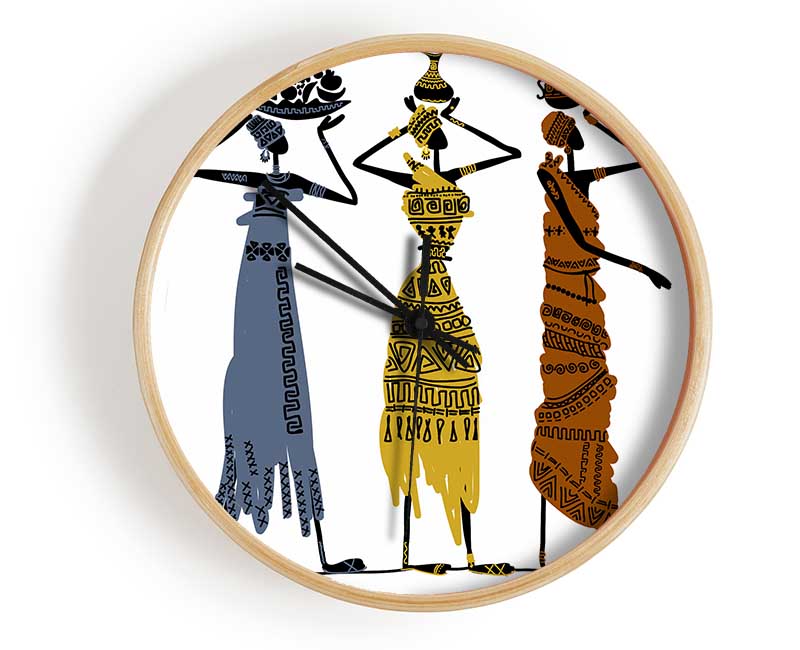 A stylish African Tribal Art clock made from natural bamboo, featuring a round face and available in black, white, or natural frame colors.