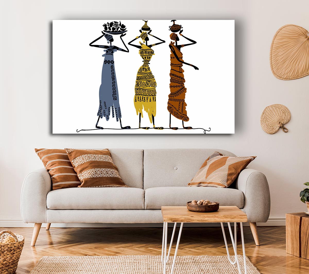 African Tribal Art 29 canvas artwork mounted on a 44mm box frame, showcasing vibrant tribal patterns.