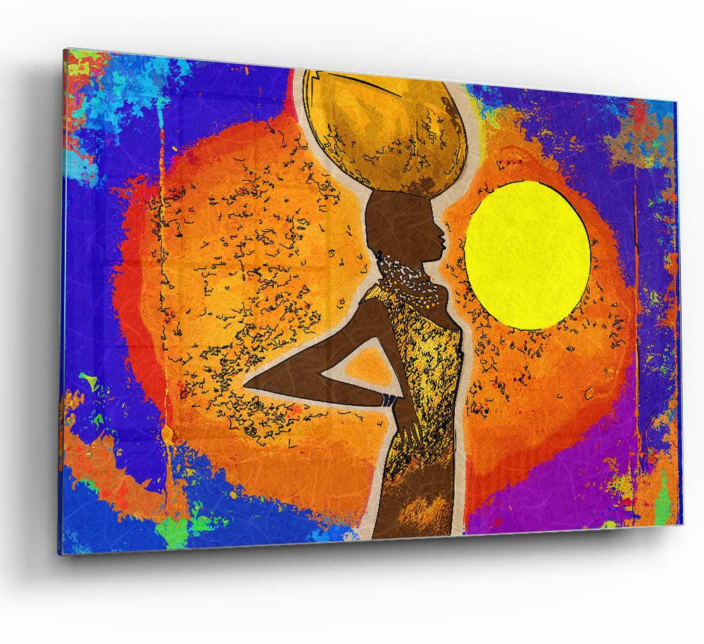 A vibrant African Tribal Art 5 glass print showcasing intricate tribal designs and colors, perfect for modern home decor.