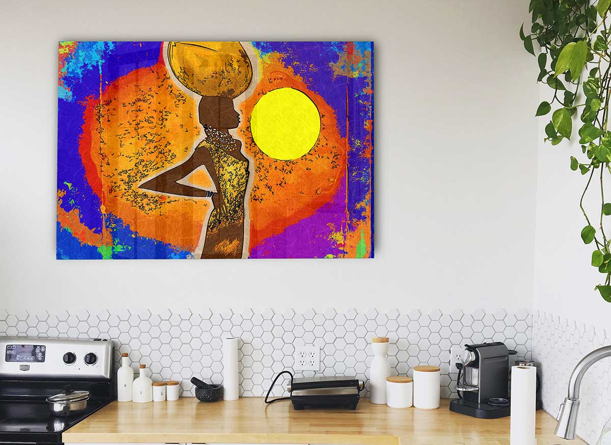 A vibrant African Tribal Art 5 glass print showcasing intricate tribal designs and colors, perfect for modern home decor.