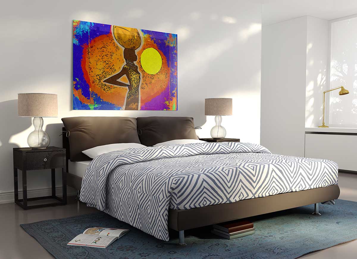 A vibrant African Tribal Art 5 glass print showcasing intricate tribal designs and colors, perfect for modern home decor.