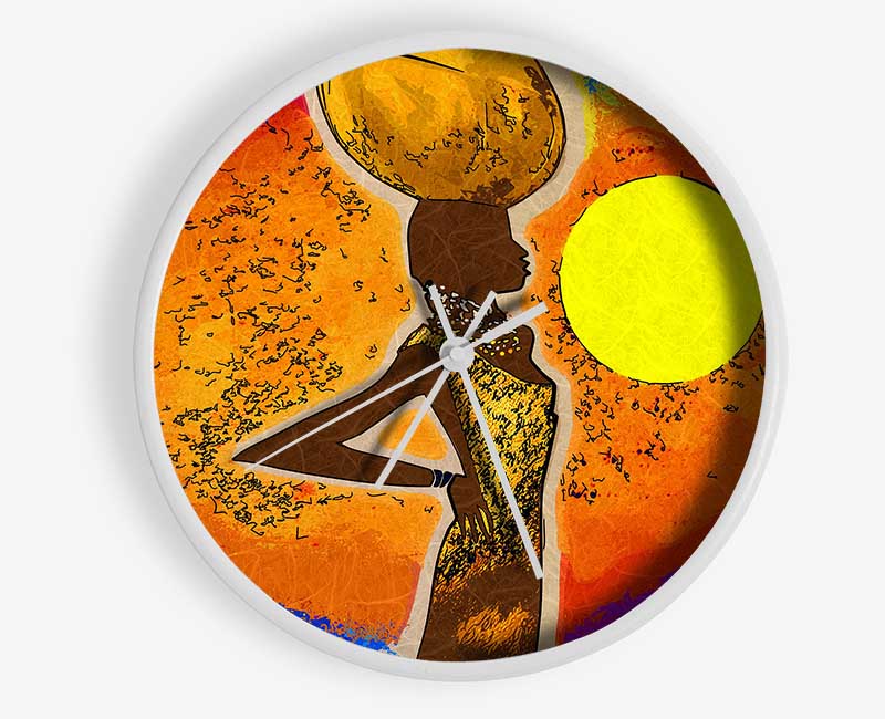 A stylish African Tribal Art clock made from natural bamboo, featuring a round face and available in black, white, or natural frame colors.