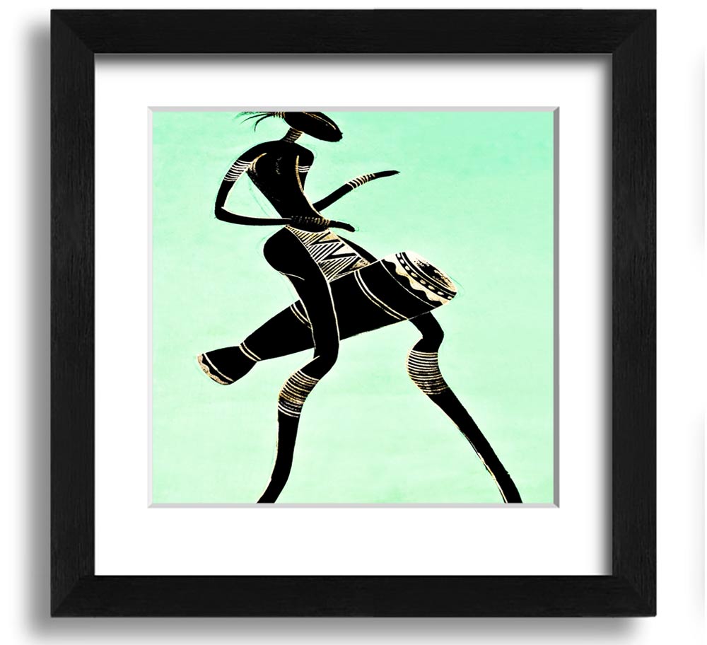 A vibrant square framed print of an African tribal dancer, showcasing dynamic movements and rich colors, ready to hang.