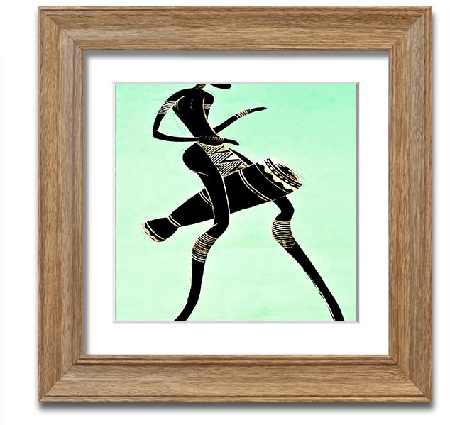 A vibrant square framed print of an African tribal dancer, showcasing dynamic movements and rich colors, ready to hang.