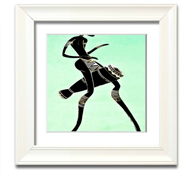 A vibrant square framed print of an African tribal dancer, showcasing dynamic movements and rich colors, ready to hang.