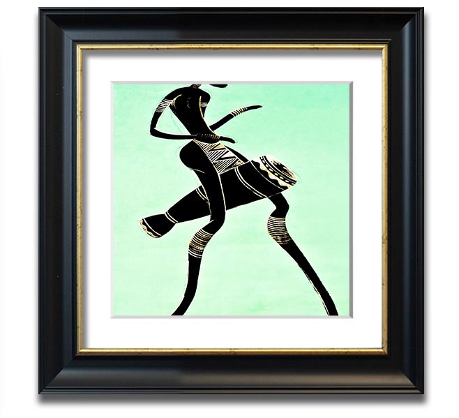 A vibrant square framed print of an African tribal dancer, showcasing dynamic movements and rich colors, ready to hang.