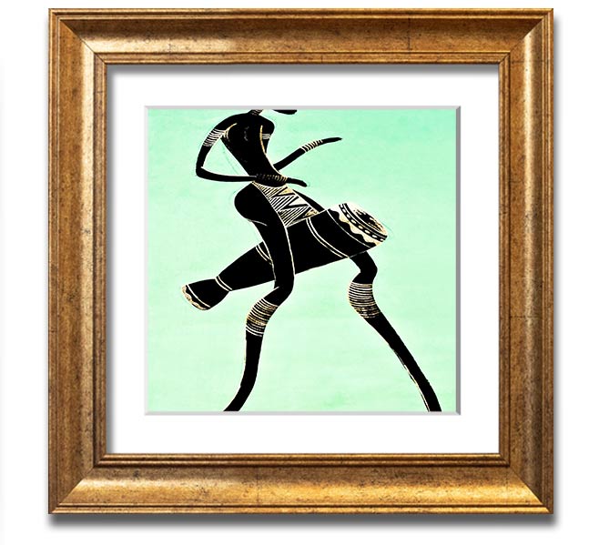 A vibrant square framed print of an African tribal dancer, showcasing dynamic movements and rich colors, ready to hang.