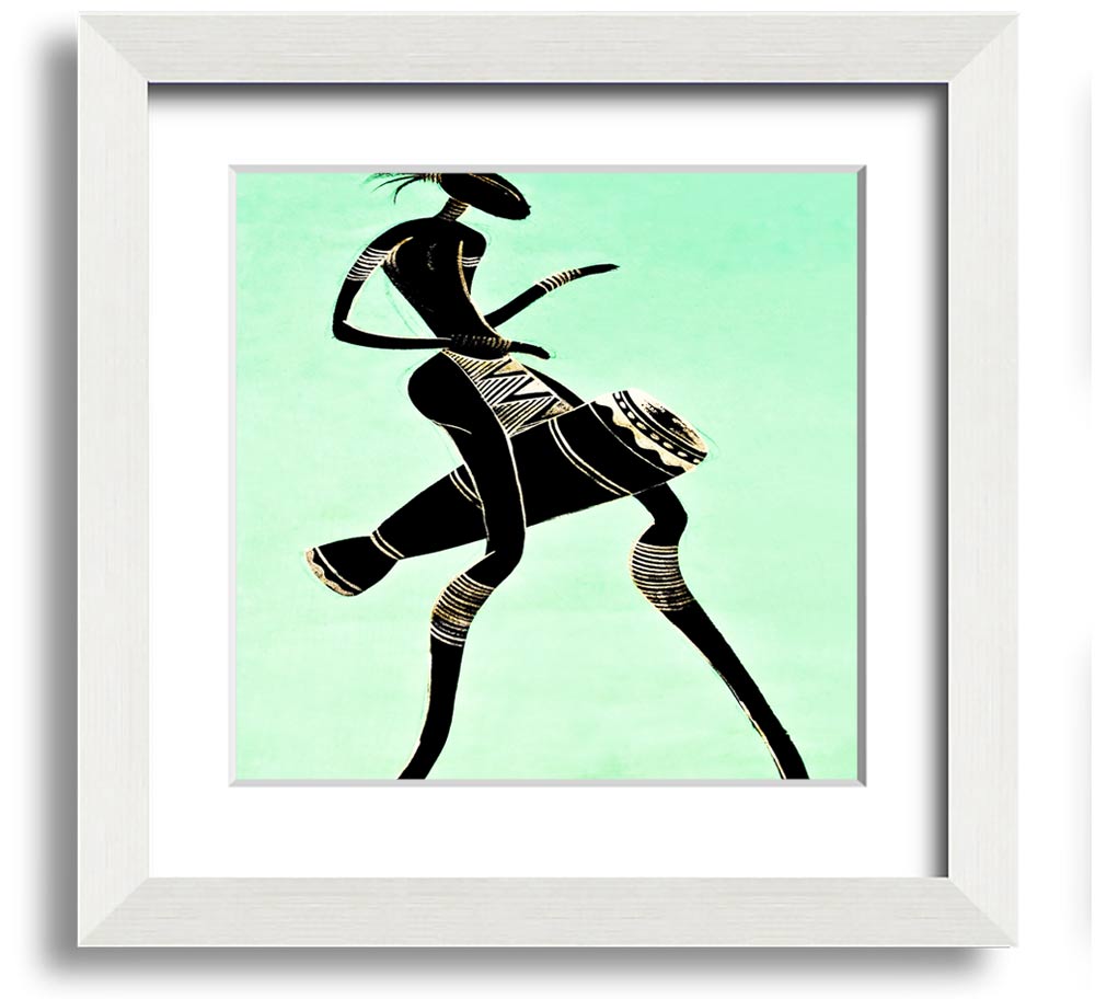 A vibrant square framed print of an African tribal dancer, showcasing dynamic movements and rich colors, ready to hang.